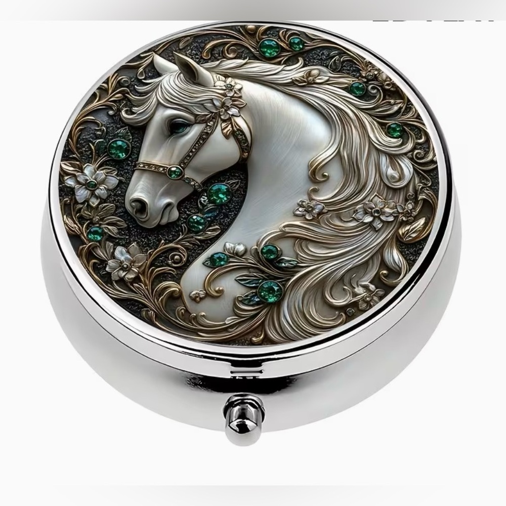Horse Mare Equine Theme Round Pill Organizer 3-Compartment Compact Pill Case New